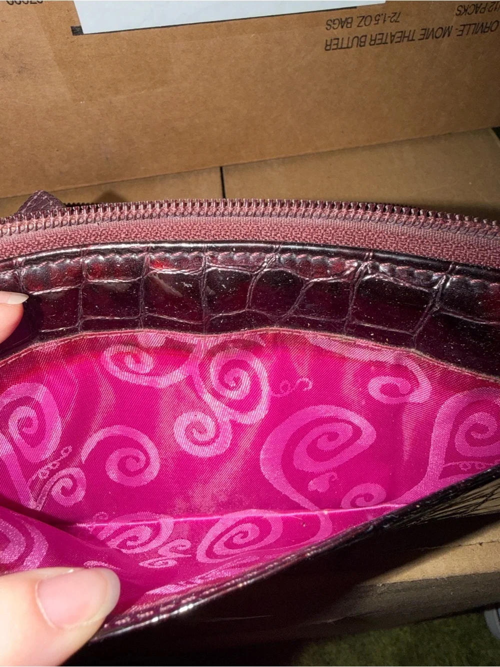 Brighton Burgundy Croc Embossed Leather Organizer Wallet Silver Heart Y2K